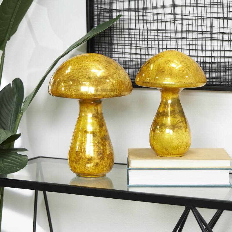Glass Mushroom Glossy Weathered Decorative Sculpture - Set of 2 Green, Gold, Champane- Roche River Decor