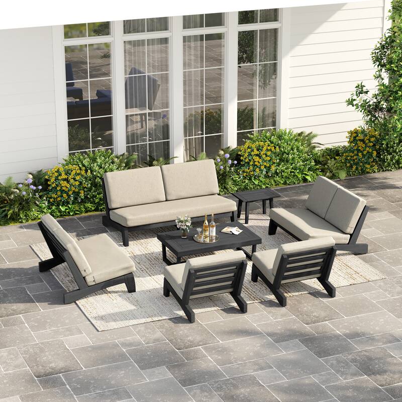 Casual Teak Wood Large 7-Piece Outdoor Patio Conversation Set