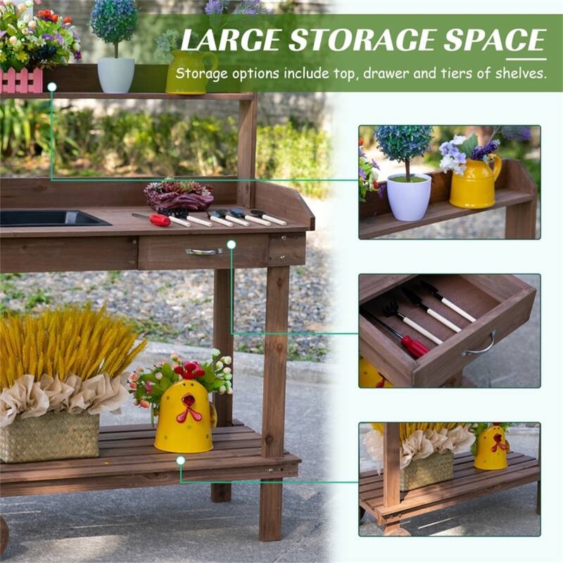 Brown Outdoor Wooden Potting Table with Storage Drawer Removable Sink and Movable Wheels - 36.25" L x 17.75" W x 46.75" H