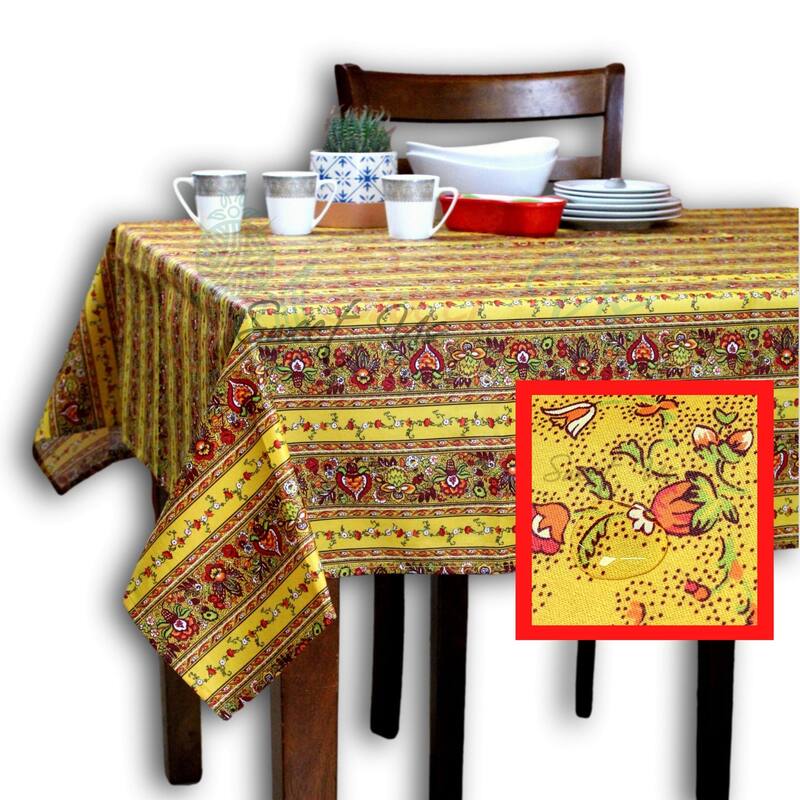 Wipeable Tablecloth Spill Resistant Cotton French Indienne Fleur - 60 x 136 in - Yellow