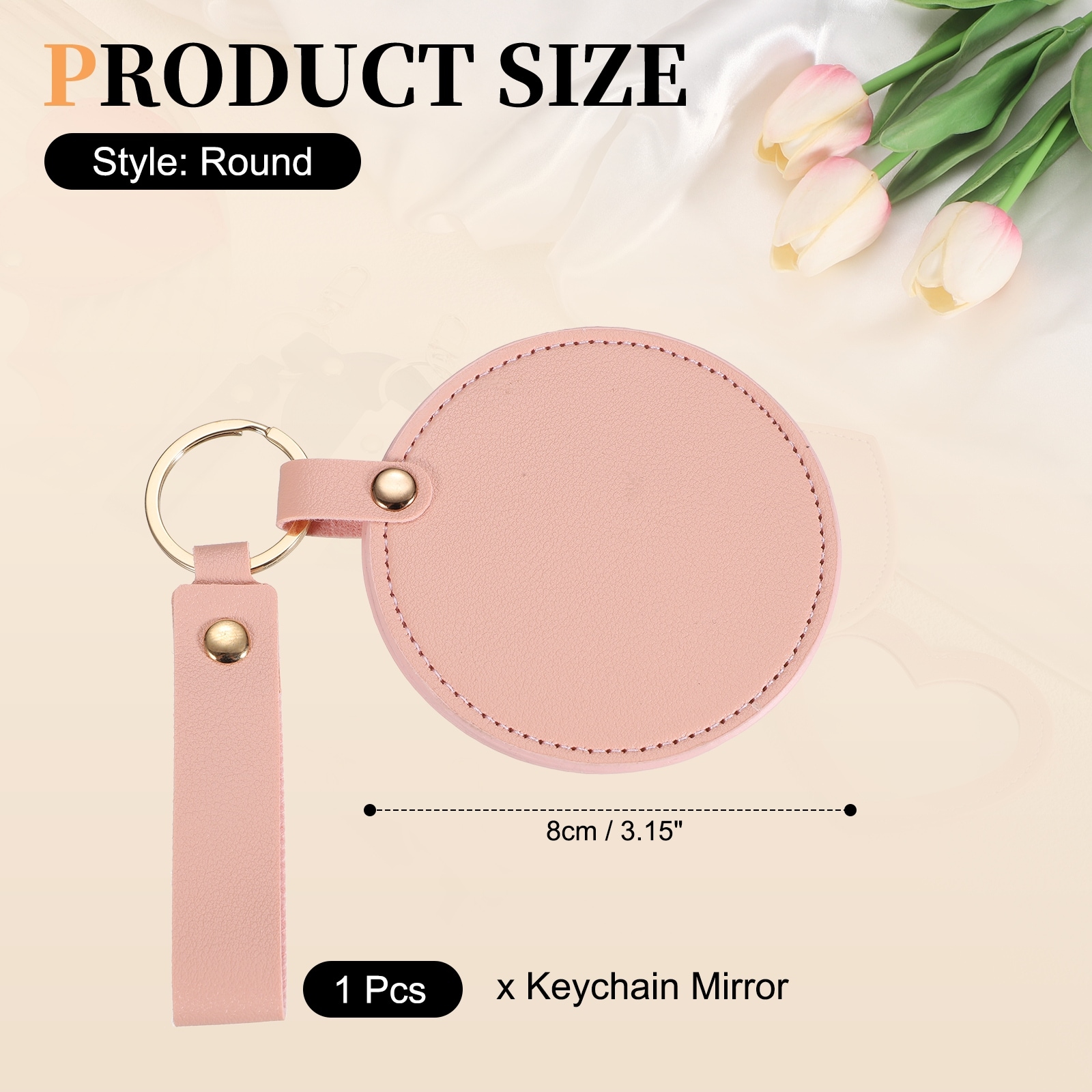Keychain Mirror, Mini Compact Mirror with PU Leather Cover Pocket Size Round Portable Rotating Folding - Standard