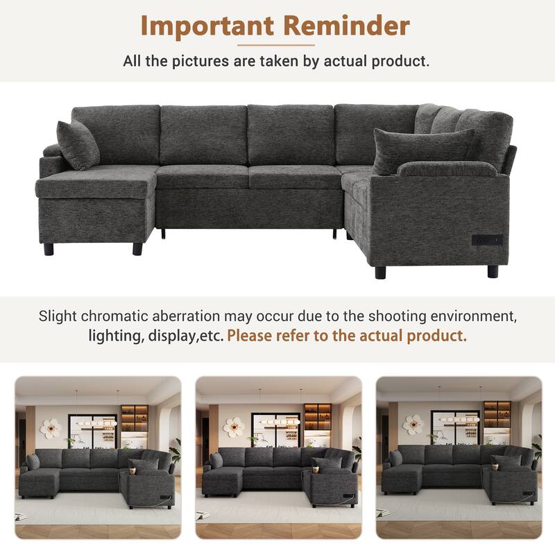 U-Shaped Chenille Sectional Sofa with Storage Chaise Lounge, Convertible Sleeper Sofa Bed with Cup Holders & Charging Ports