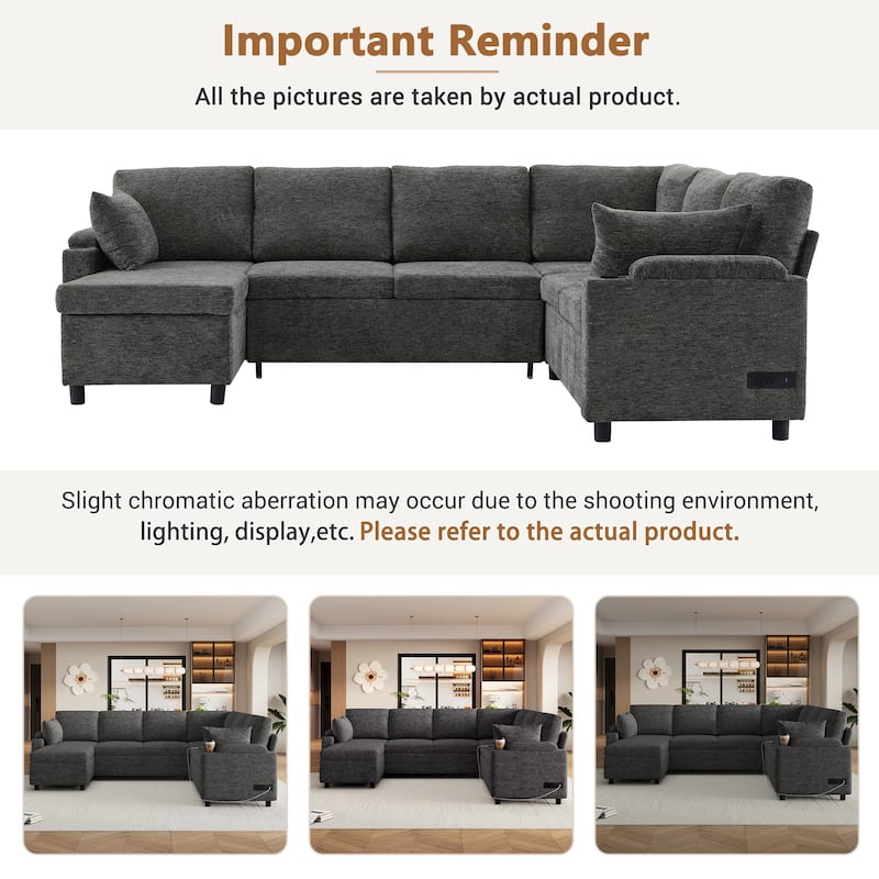 U-shaped Sofa, Chenille Sectional Sofa with 2 Cup Holders and Charging Ports Livingroom Sleeper Recliner Sofa Couch