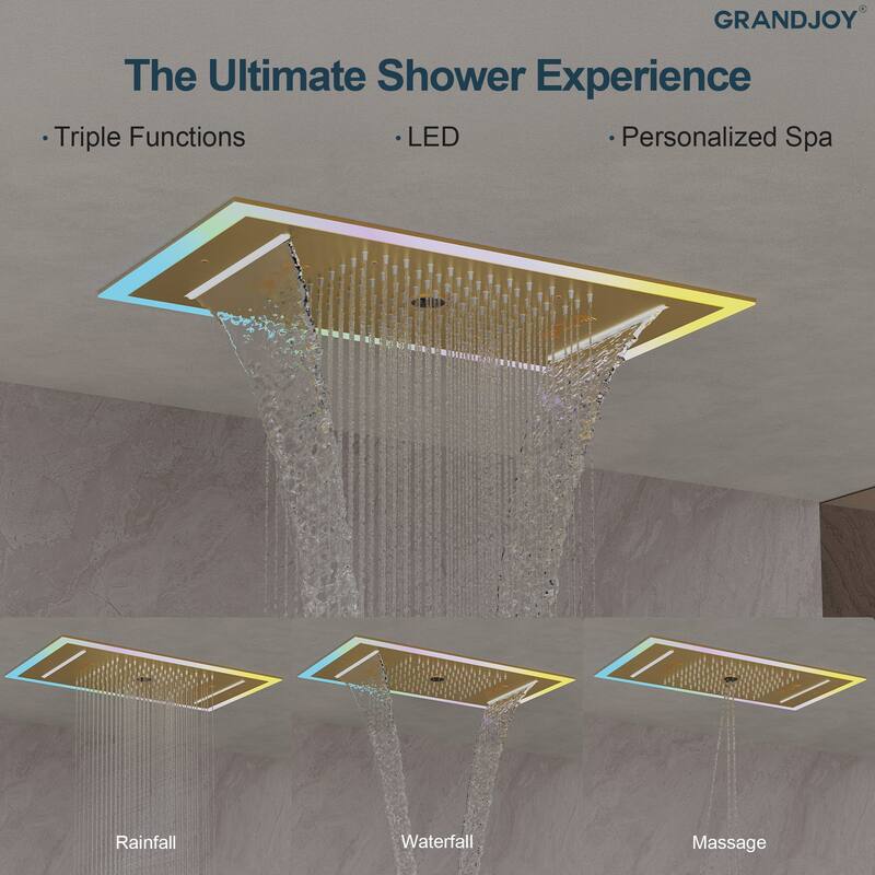 GRANDJOY Thermostatic LED Rain and Waterfall Shower System with Handheld, Ceiling-Mount Modern Design