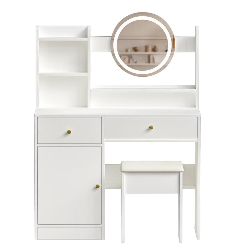Bedroom Makeup Vanity Desk with Touch LED Light Mirror, Dressing Table with Upholstered Vanity Stool, White