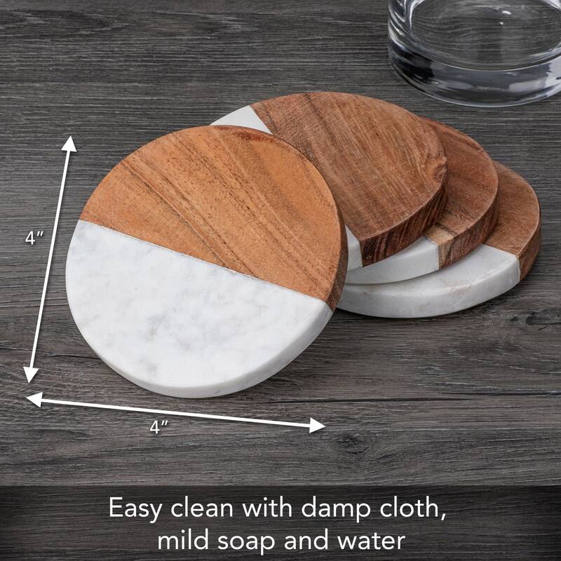4 Pack Natural Marble & Acacia Wood Round Coasters 4.75" Elegant Heat Tolerant Protects Surfaces