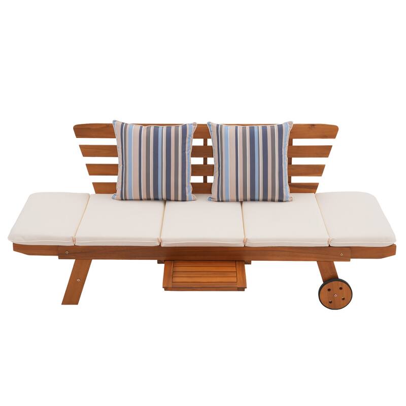 Outdoor Daybed Wooden Folding Lounge Chair with Front Tray and Wheels