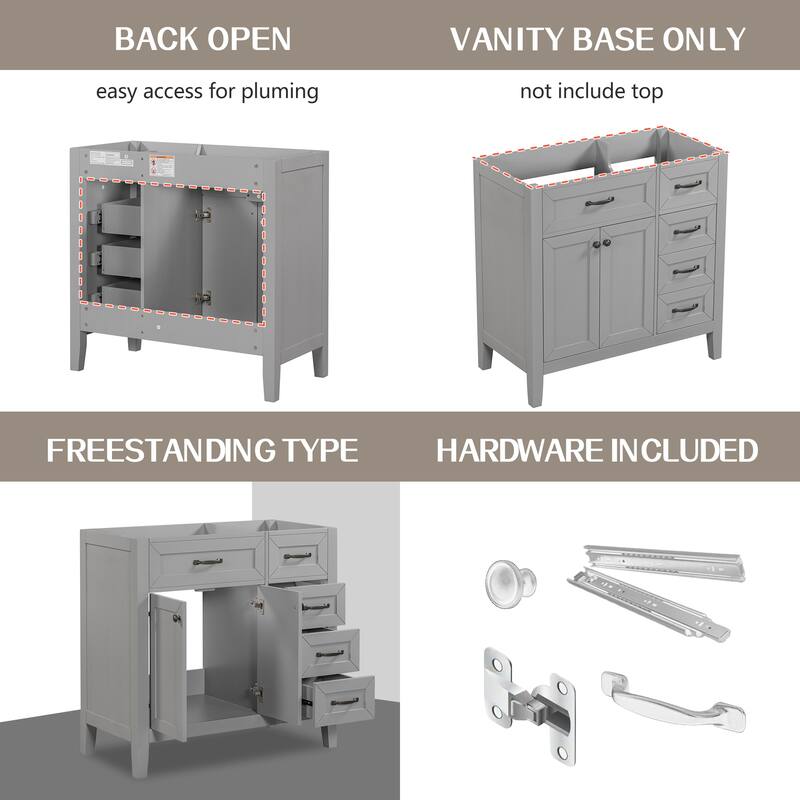 Modern 36 Inch Bathroom Vanity Base with 2 Cabinet Doors and 3 Drawers, Solid Wood Frame, Cabinet Only without Sink