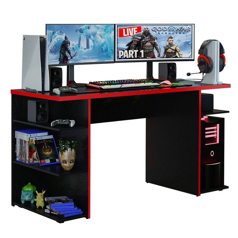 Madesa Large Modern Gaming Computer Desk 53 Inch with 5 Shelves Cable Management Student Study Home Office Gamer Desk