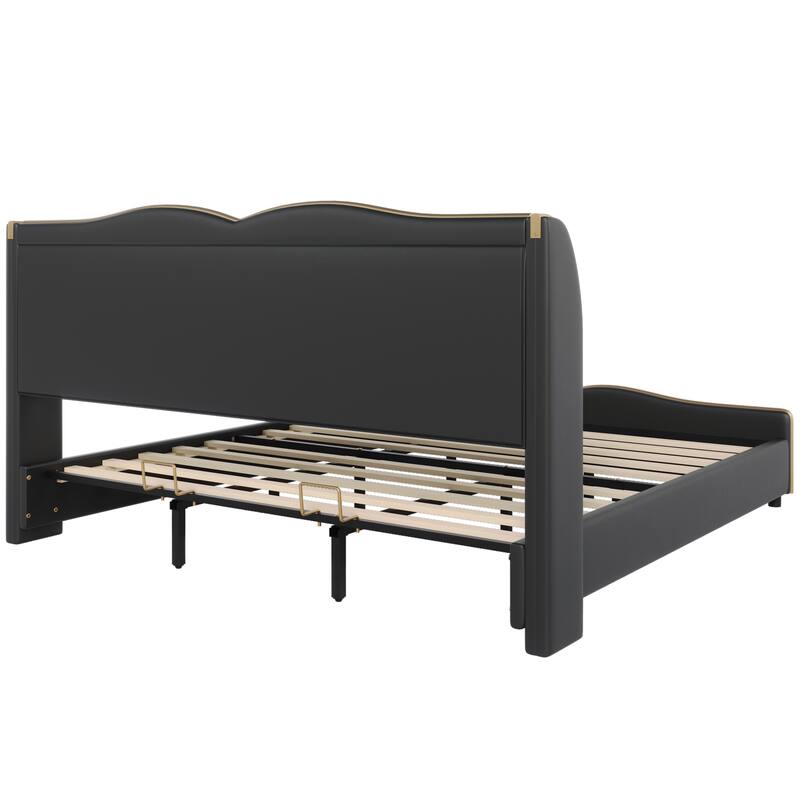 Modern King Size Upholstered Bed Frame with Wingback Headboard & Wavy Footboard, No Box Spring Needed, Black