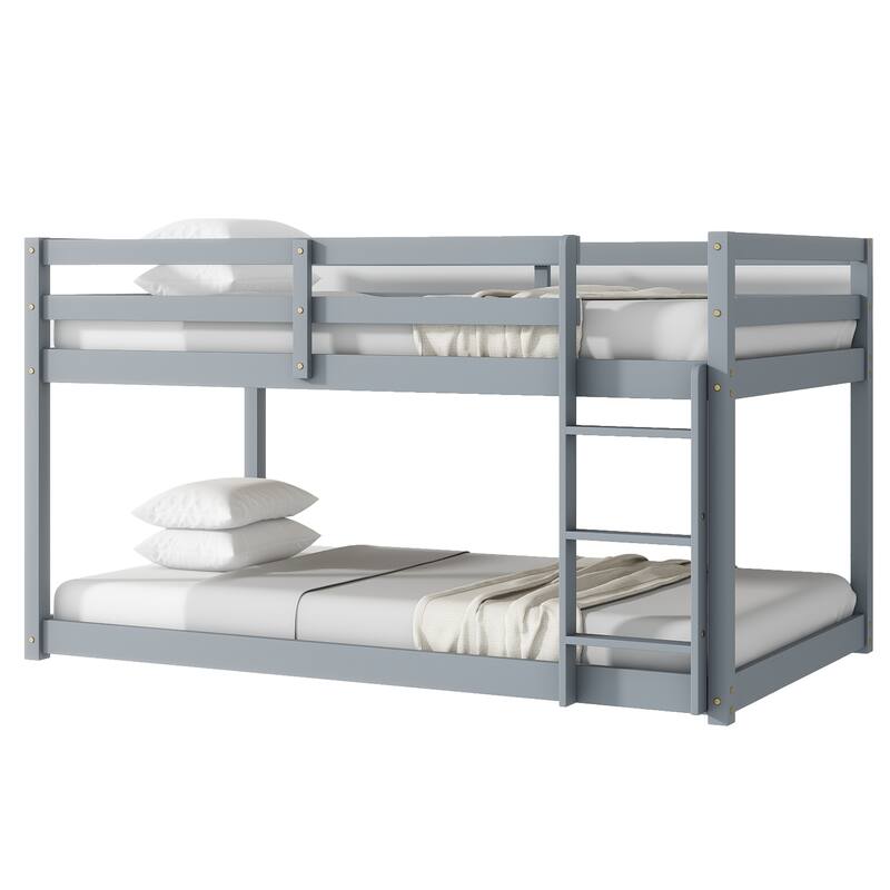 Roomfitters Solid Rubber Wood Twin over Twin Floor Bunk Bed with Ladder, Reinforced Slat Platforms, Low Height Design