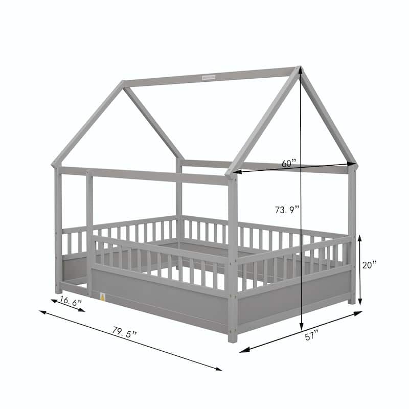 Full Size Floor Wooden Bed with Fence Guardrails