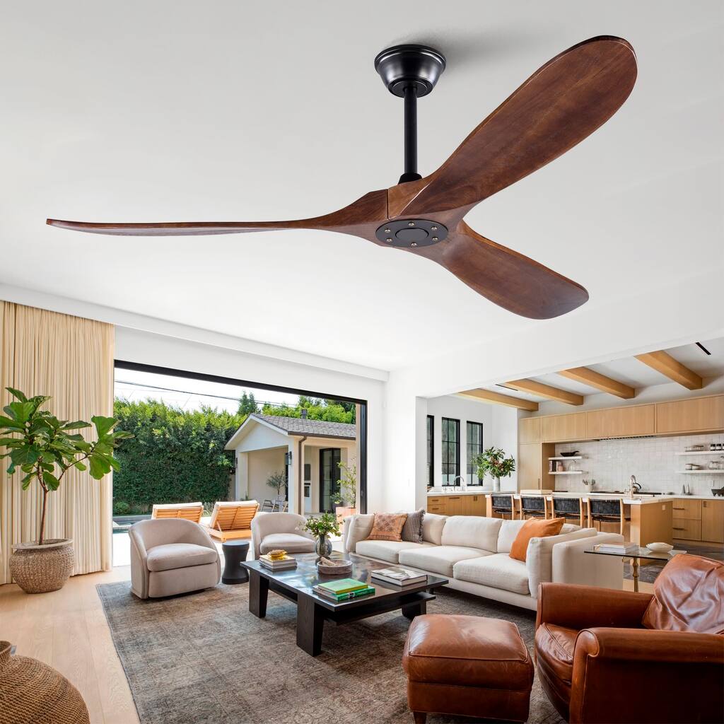 60" Solid Wood Ceiling Fan, Outdoor, 3 Blade, No Light, for Patio Living Room Bedroom Porch, Remote Control, Water Resistant