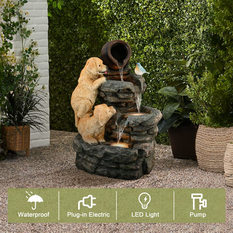 Puppy Rock Tower Farmhouse Resin Outdoor Fountain with Lights