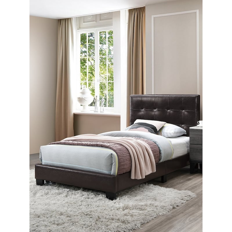 Brown Faux Leather Twin Bed with Rectangle Headboard - Classic Bedroom Style!