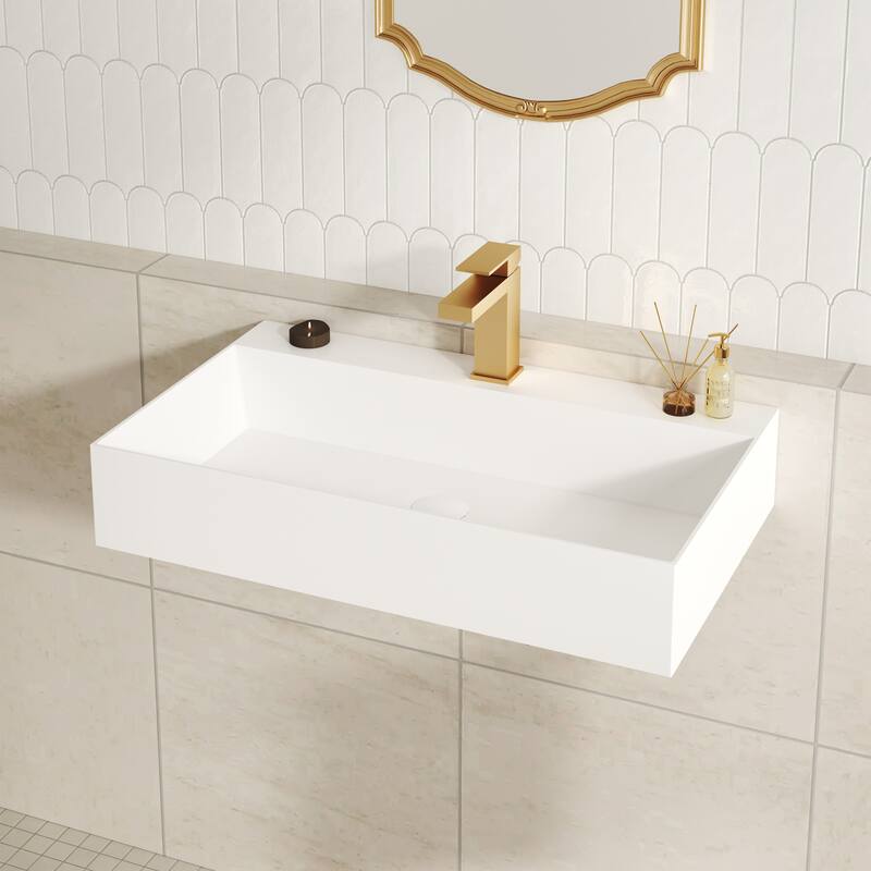 Solid Surface Wall-Mounted Rectangular Bathroom Sink with Pop-Up Drain, Modern Floating Wash Basin with Center Drain