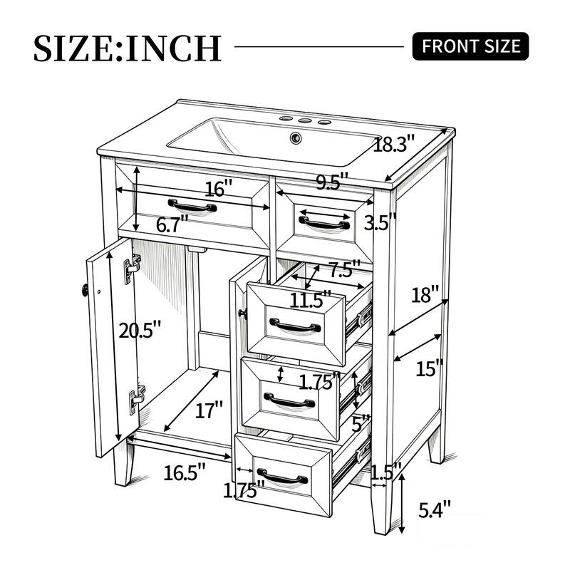GDFStudio - Avalon Modern Freestanding Bathroom Vanity with Ceramic Sink & Soft Close Multi-Storages
