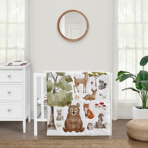 slide 2 of 6, Sweet Jojo Designs Woodland Forest Animals Boy Girl Gender Neutral Unisex 3pc Mini Crib Bedding Set Bear Fox Hedgehog Deer Green