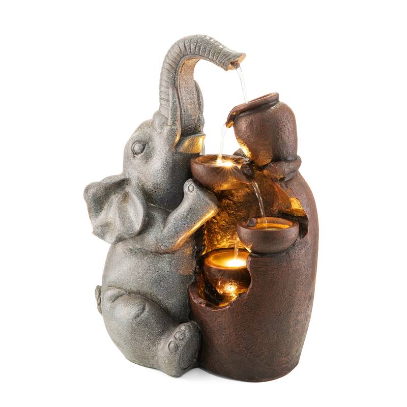Glitzhome 4-Tiered Dogs or Elephant and Pot Polyresin Outdoor Fountain with Pump and LED Light