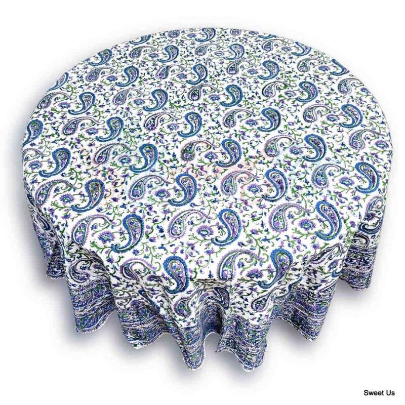 Block Print Tablecloth Round, Floral Paisley Elephants, White - Paisley Elephant, Red Blue Tan