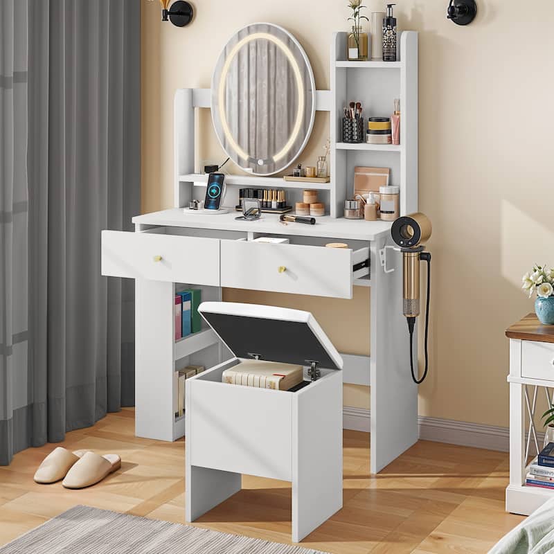 Moasis Makeup Vanity Set With Storage Ottoman and LED Lighted Mirror & Charge Station - White