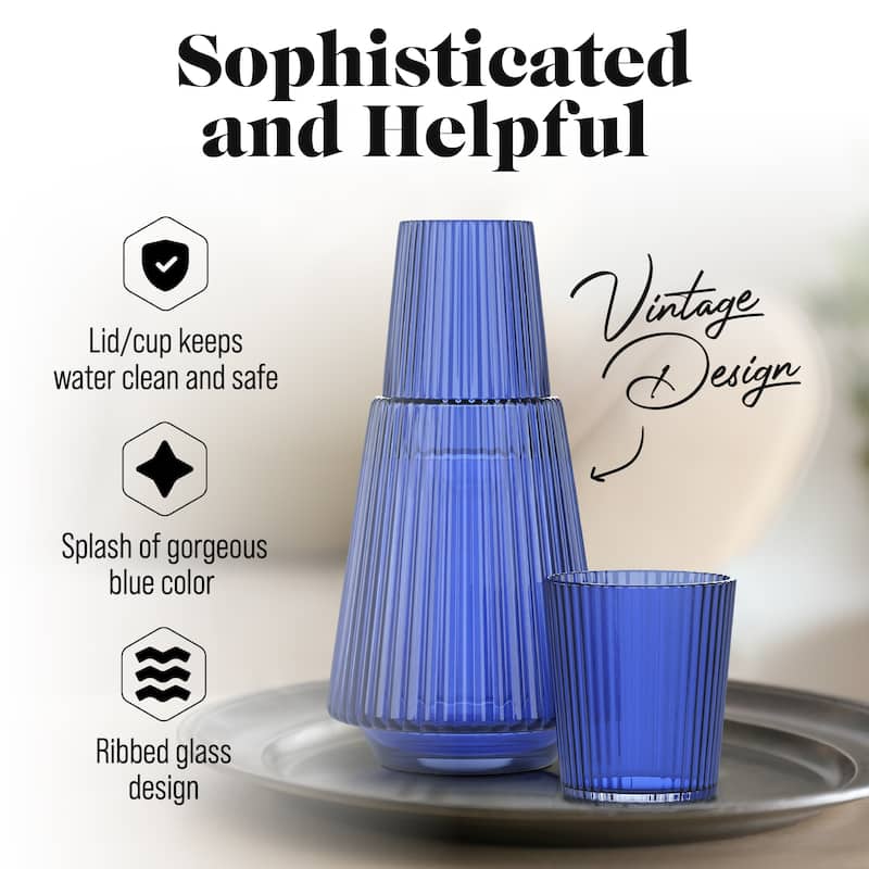 American Atelier Vintage Bedside Water Ribbed Carafe with Lid Tumbler