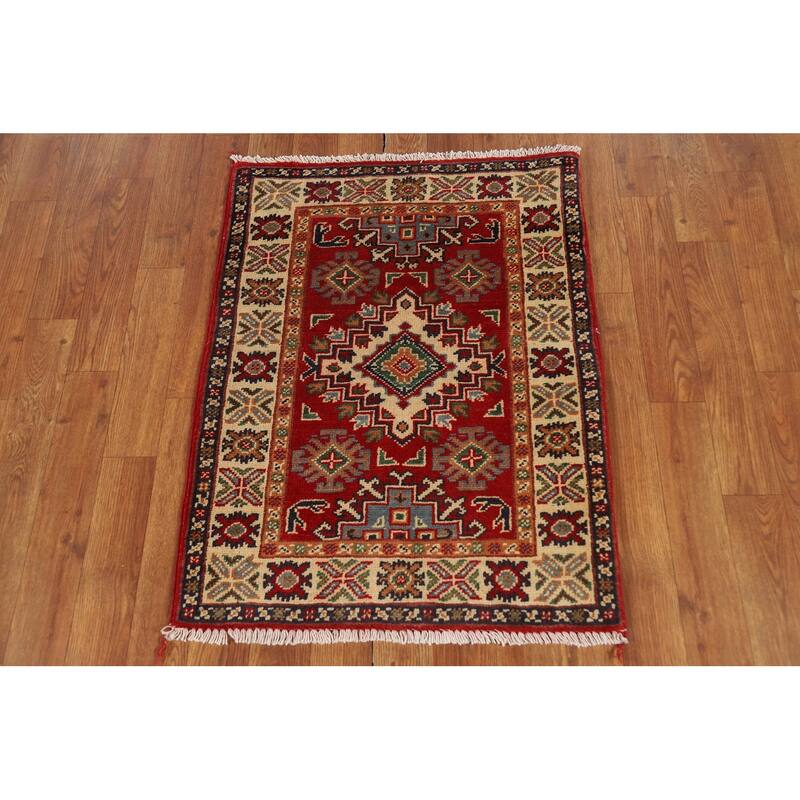 Red Geometric Kazak Accent Rug Handmade Traditional Wool Carpet - 2'0" x 3'0"