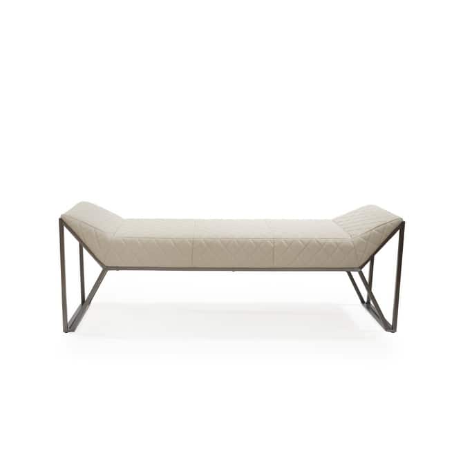 HomeRoots 63" Cream and Gray Quilted Faux Leather and Steel Upholstered Bench - 63.00 in. x 21.00 in. x 20.00 in.