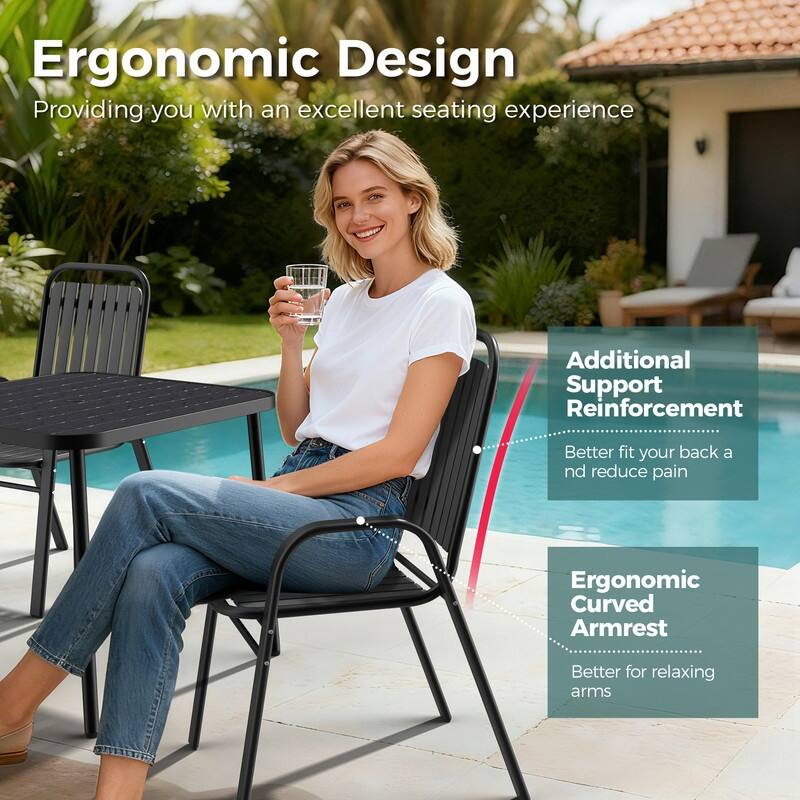 4-Person Patio Dining Set, Stackable Chairs and Square Steel Table with Umbrella Hole