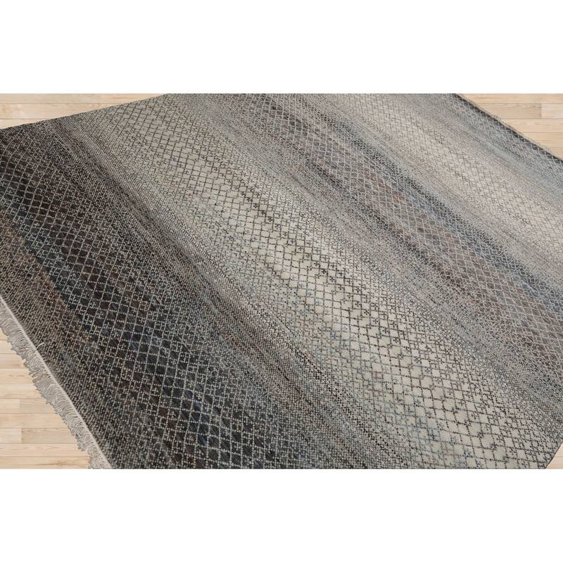 Beige Tibetan Wool & Bamboo Silk Hand Knotted Rug Geometric Style - 8' x 10'