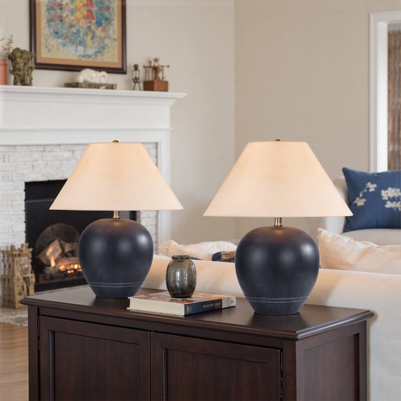 2 Pack Global Ceramic Accent Table Lamp with Linen Shade - Large size: 21"H x 18"W x 18"D - Black