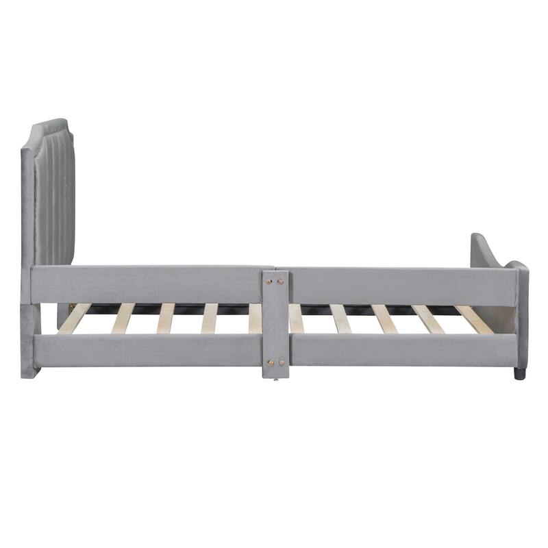 Twin Size Upholstered Daybed with Classic Stripe Shaped Headboard, Velvet Fabric & Sturdy Frame - Elegant Design