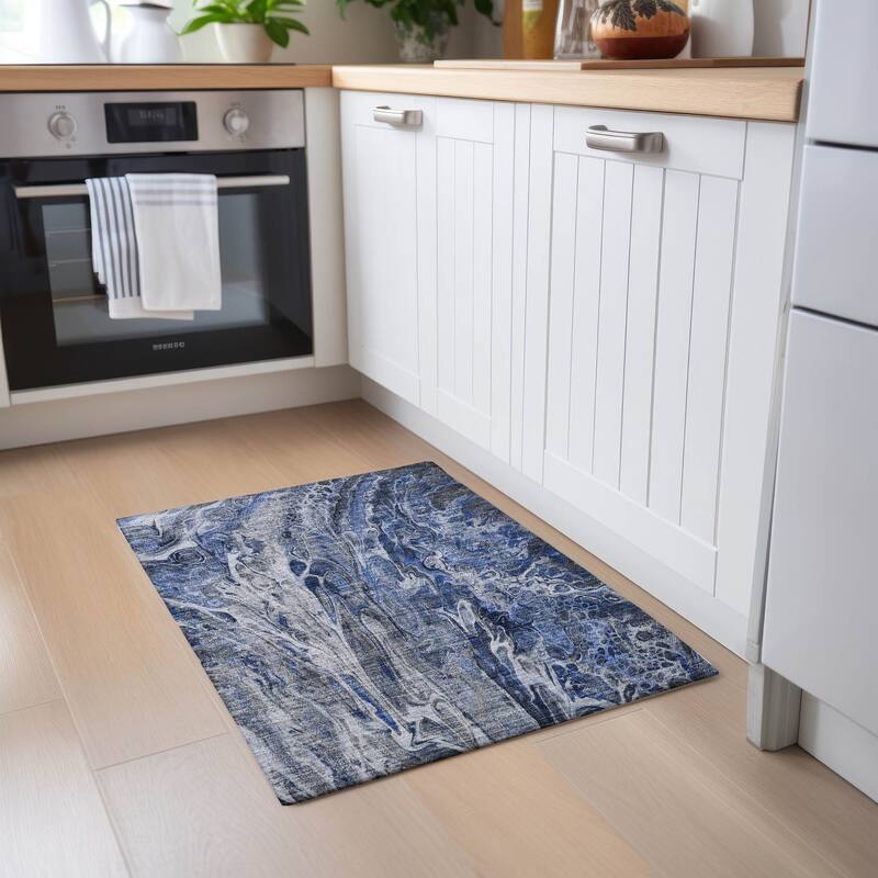 Machine Washable Indoor/ Outdoor Chantille Abstract Modern Rug - Blue - 1'8" x 2'6"