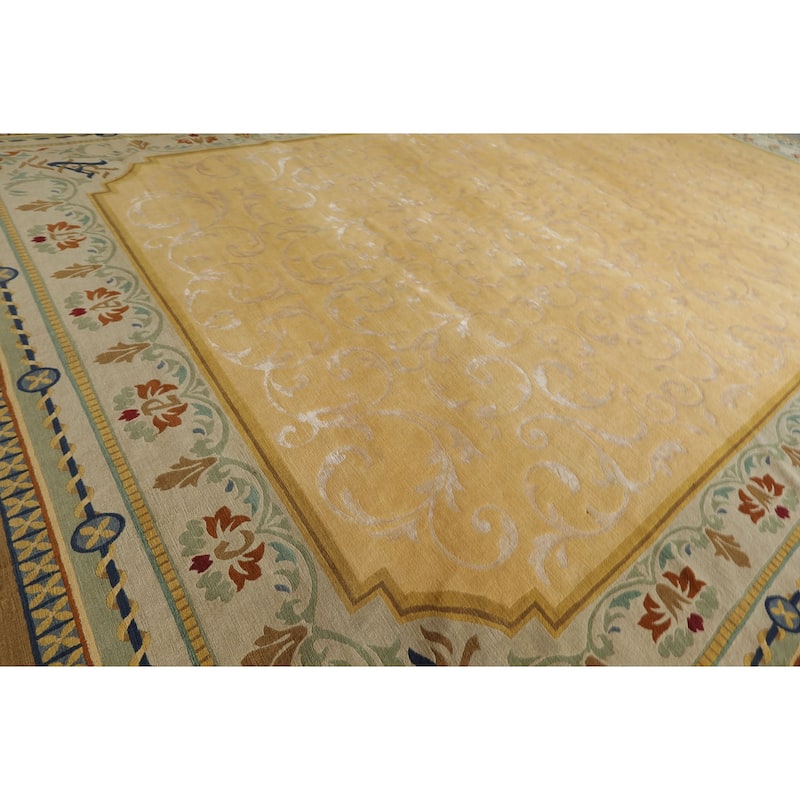 13'6''x21'4'' Oversize Hand Knotted Wool and Silk Light Gold Tibetan Rug - 13' 6'' x 21' 4''