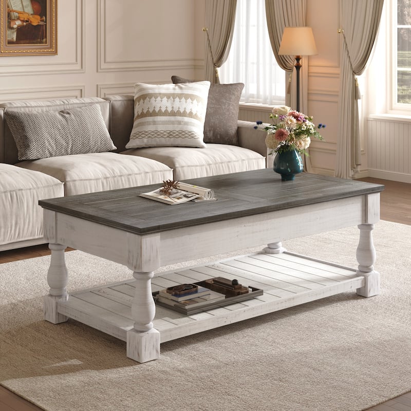 Farmhouse Lift Top Coffee Table with Fixed Shelf - 3 Hidden Storage Trays