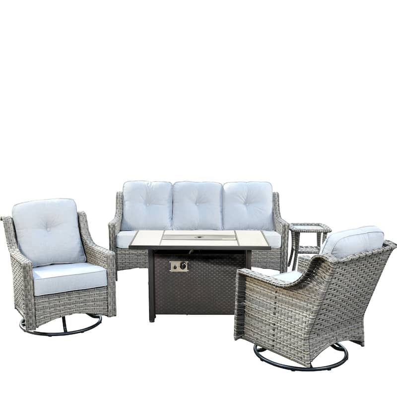 HOOOWOOO 5-piece Wicker Outdoor Furniture Swivel Chairs Set with Fire Pit