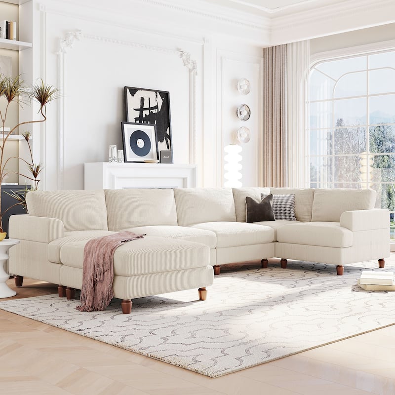 Corduroy Modular Sectional Sofa, L Shaped Corner Sectional Lounge Couches, wMovable Ottoman Sectional Sleeper Sofa Couch