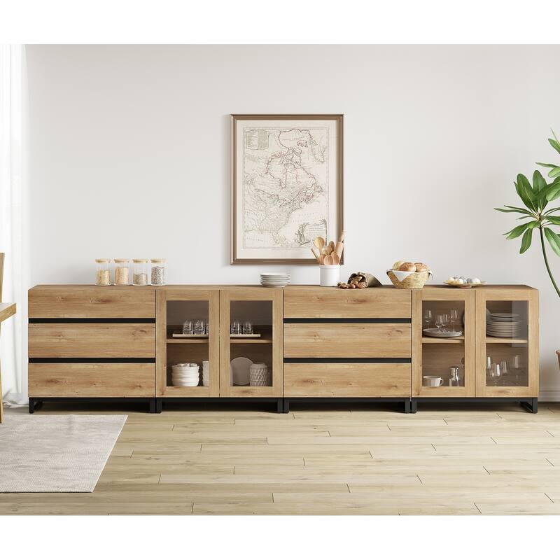 Modern Sideboard with Adjustable Shelves and 6 Drawers, 4 in 1 Storage Cabinet with Glass Doors, Coffee Bar Cabinet for Kitchen