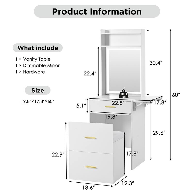 Small Vanity Desk with Mirror and Light, Makeup Table with Fold-up Panel, 3 in 1 Vanity Set with Hidden Stool
