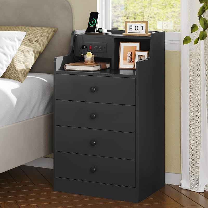 Nightstand with Drawers Charging Station End Side Table with Hutch