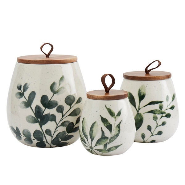 Tabletops Gallery 3PC Green Leaf Canisters with Acacia Wood Lid. Opens flyout.