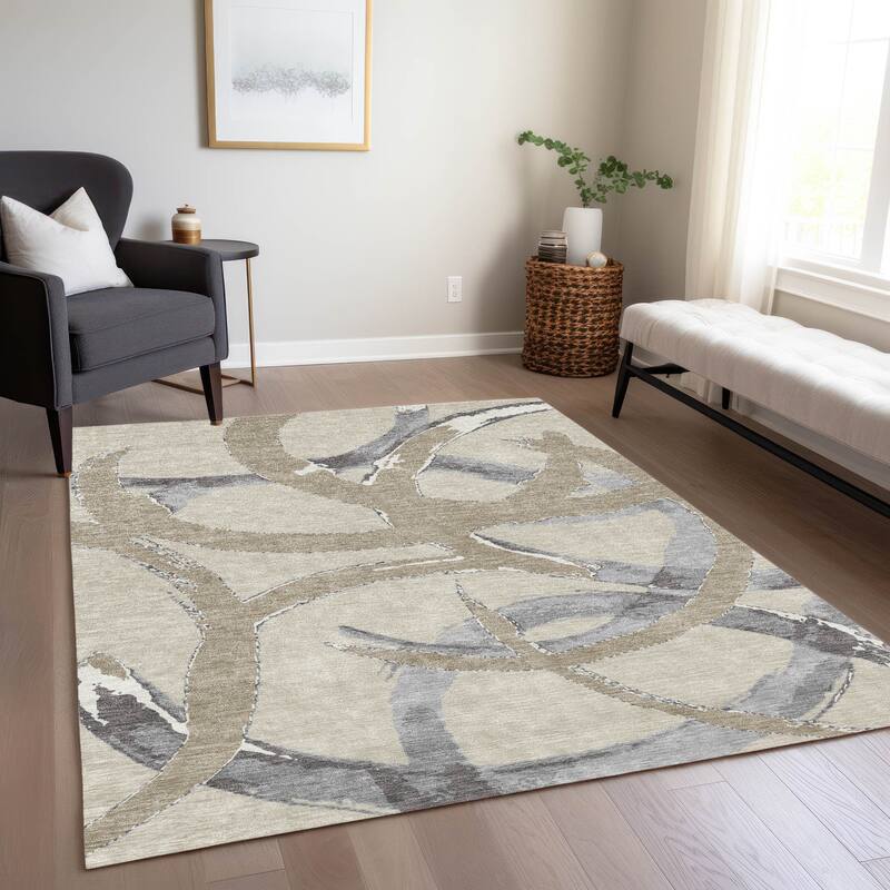 Machine Washable Indoor/ Outdoor Abstract Contemporary Chantille Rug