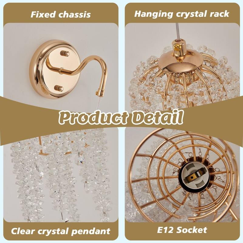 Set of 2 Gold Wall Sconces with Crystal Bead Strings Elegant Hanging Light Fixtures, E12 Socket (Bulbs Not Included)