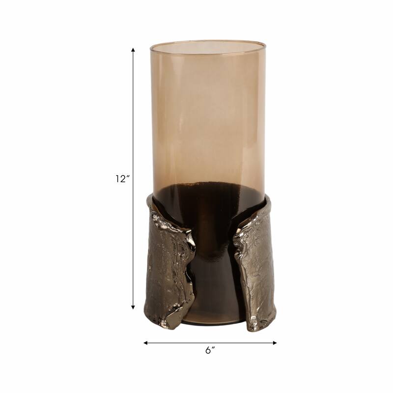 Candle Holder - Brown Glass with Metal Wraparound