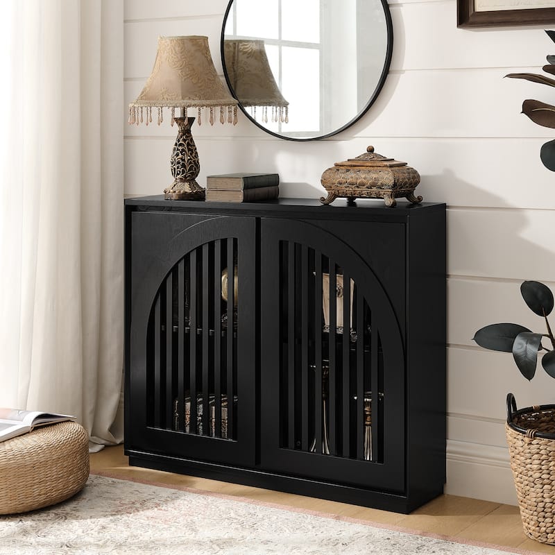 Mid Century Modern Fluted Sideboard Cabinet with 2 Outlet Holes, Buffet Cabinet with Storage, Narrow Side Cabinet - Black