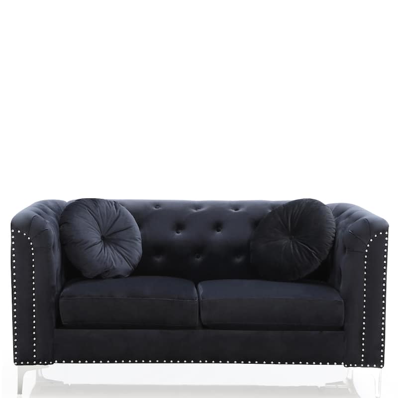 Tufted Velvet 2-Seater Sofa with Throw Pillows - 62" - Black