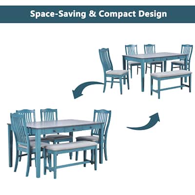 Dining Room Wooden 6-Piece Dining Set with Upholstered Chairs and Bench Seating & Rectangular Dining Table w/Drawer