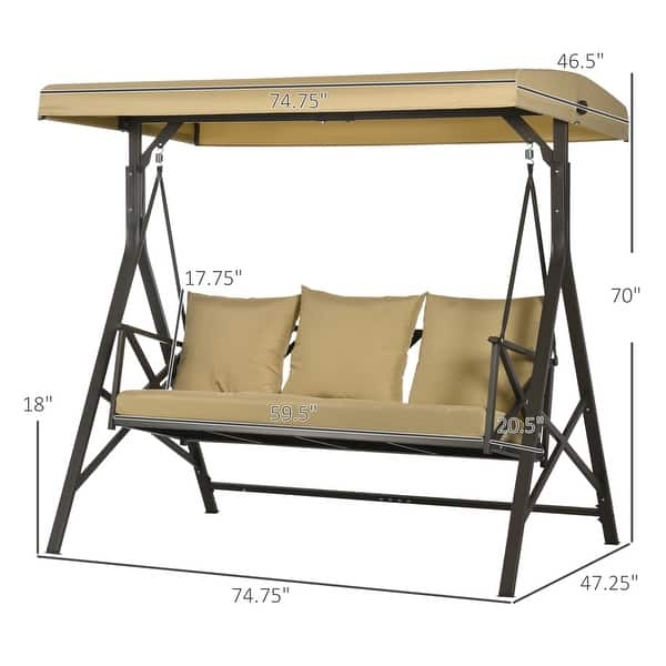 dimension image slide 0 of 2, Outsunny 3-Seat Patio Swing Chair, Outdoor Canopy Swing Glider with Cushion with 3 Throw Pillows & Adjustable Shade for Porch