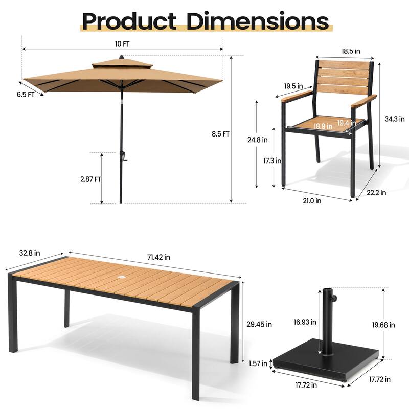 Set of 9 Outdoor Patio Dining Set WoodLike Aluminum Umbrella Hole Table with Stackable Armchairs, Market Umbrella Set