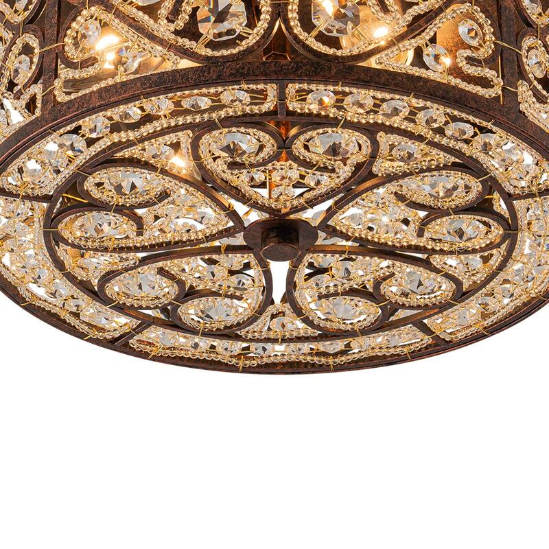 Spanish Vintage Crystal Bronze Drum Flush Mount Light - 13.8in